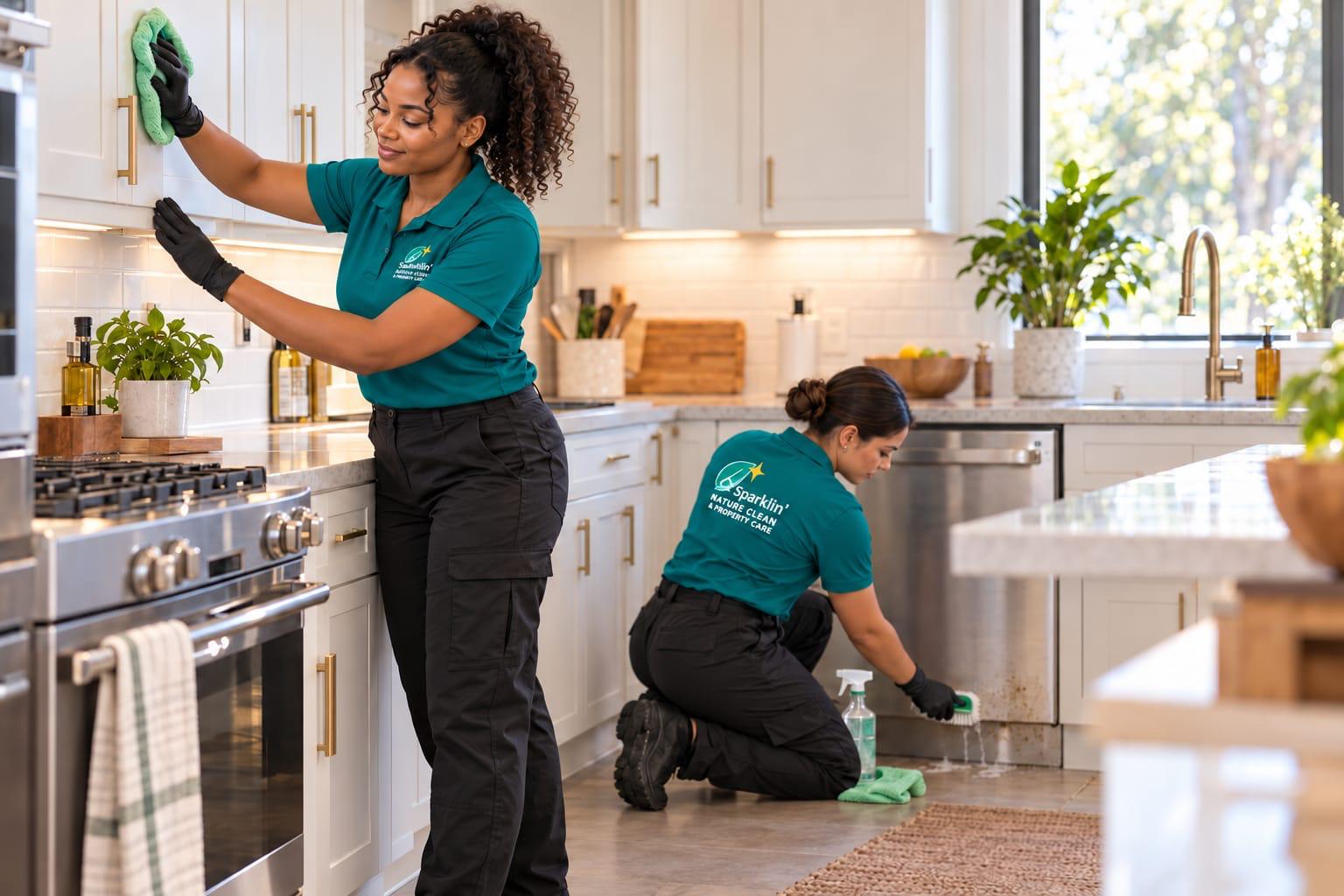 Two cleaners deep cleaning a kitchen