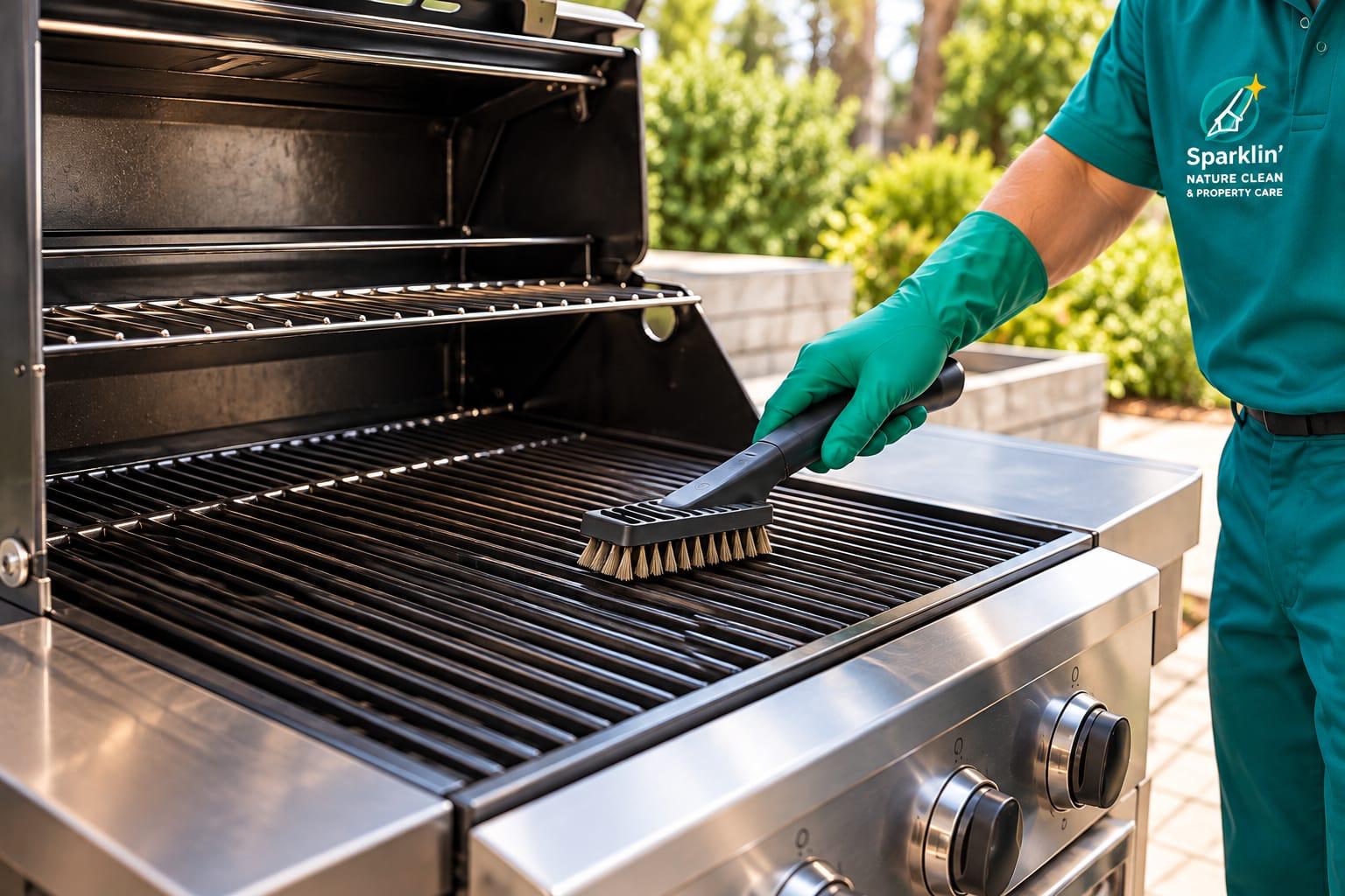 Barbecue grill being brushed clean