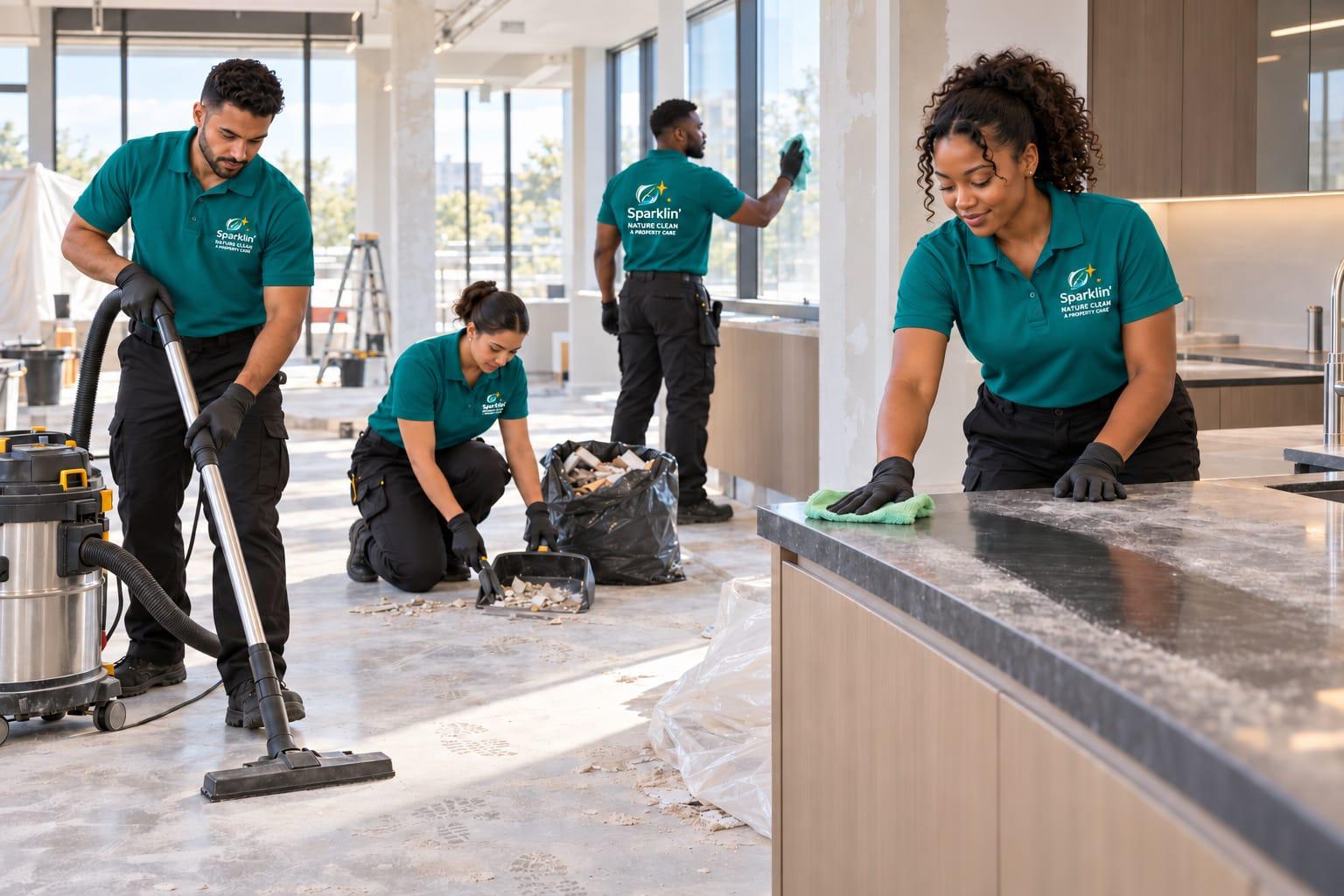 Team cleaning a post-construction kitchen