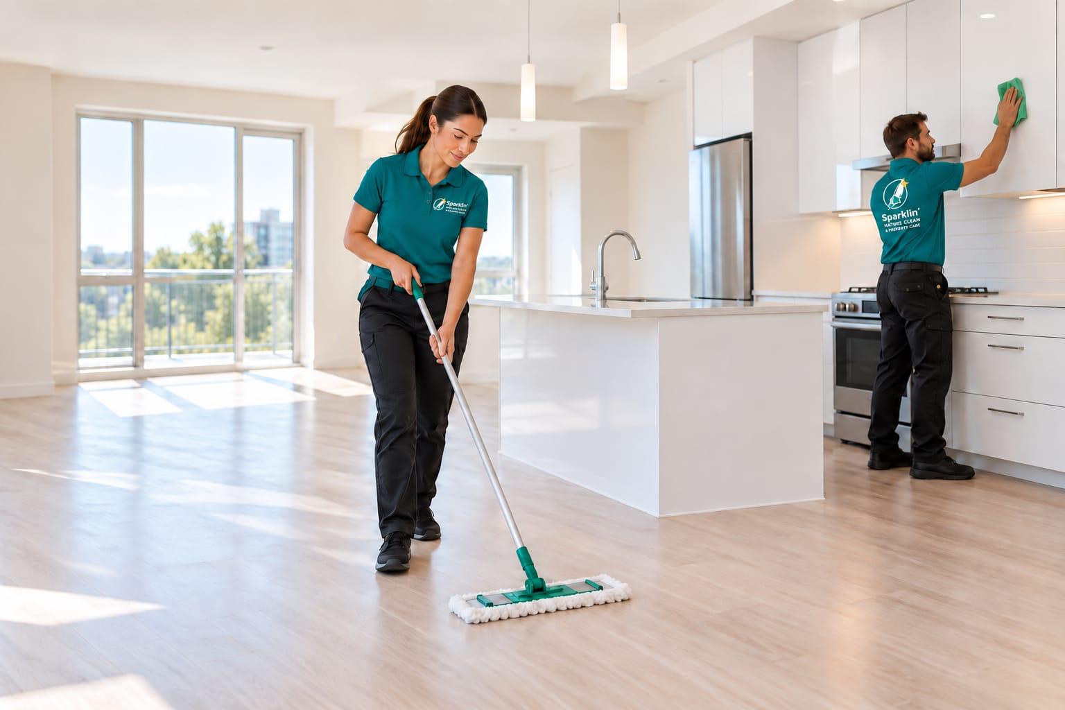 Two cleaners working in an empty kitchen