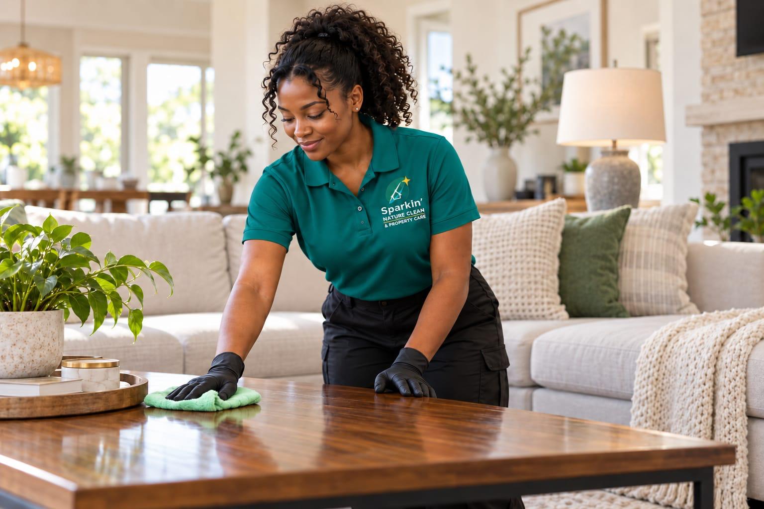 Cleaner wiping a living room table