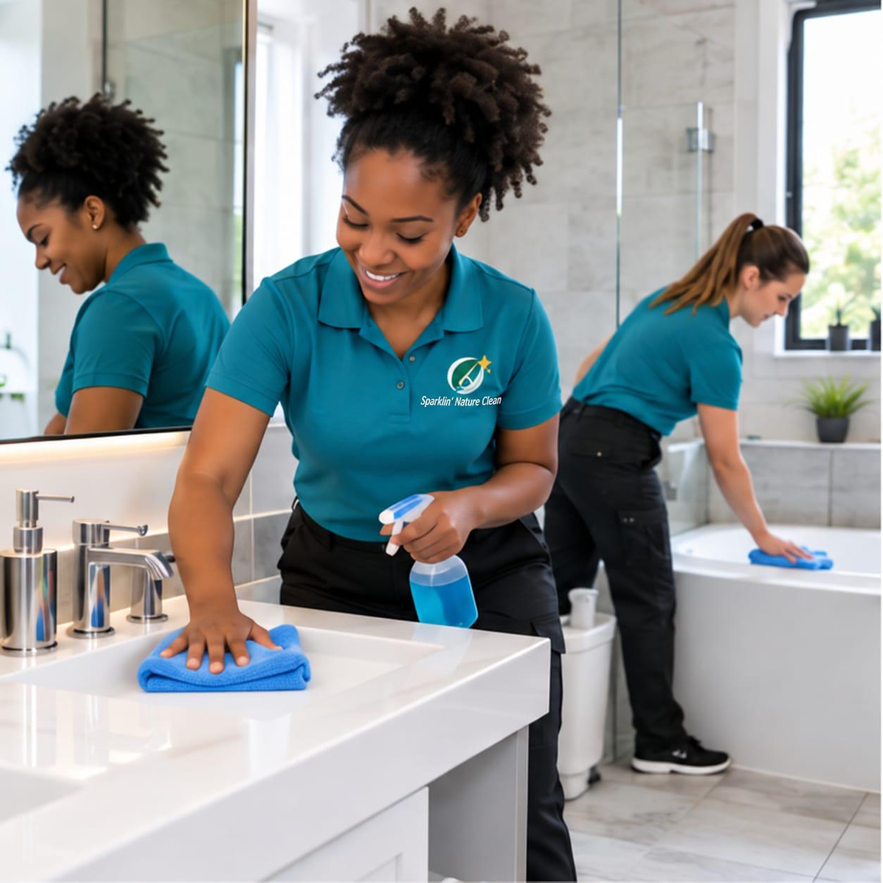 Sparklin’ Nature team member cleaning a bathroom mirror