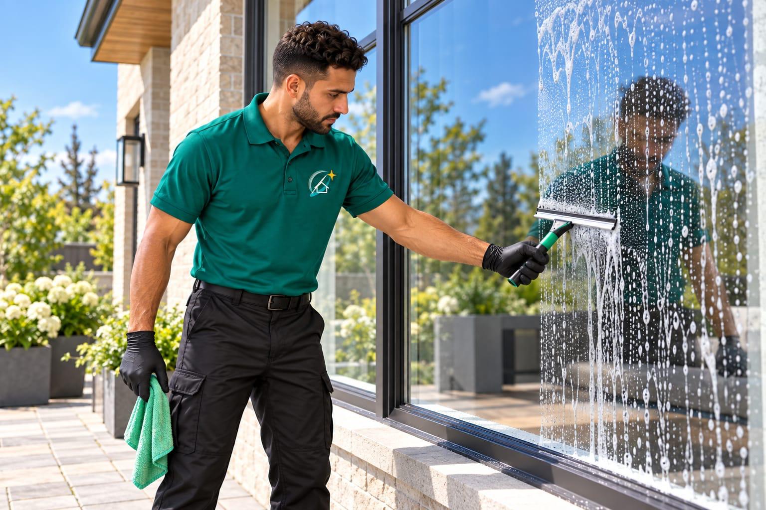 Cleaner squeegeeing a house window